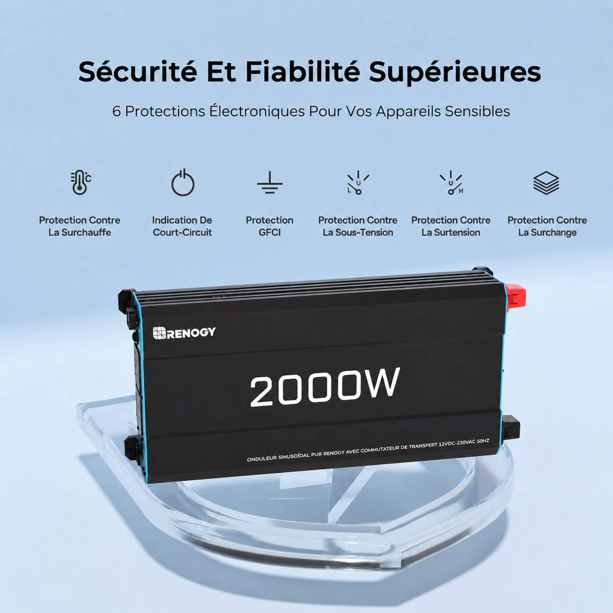 Renogy 12V 2000W Onduleur Solaire à Onde Sinusoïdale Pure DC-AC Sécurité Et Fiabilité Supérieures