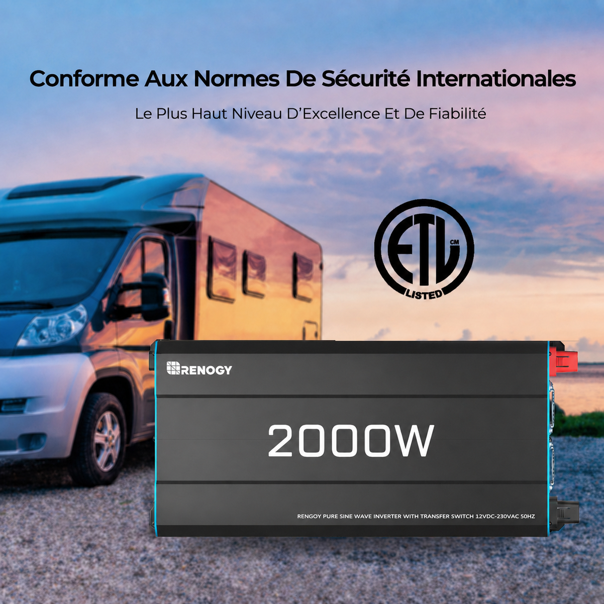 Renogy 12V 2000W Onduleur Solaire à Onde Sinusoïdale Pure DC-AC Conforme Aux Normes De Sécurité Internationales