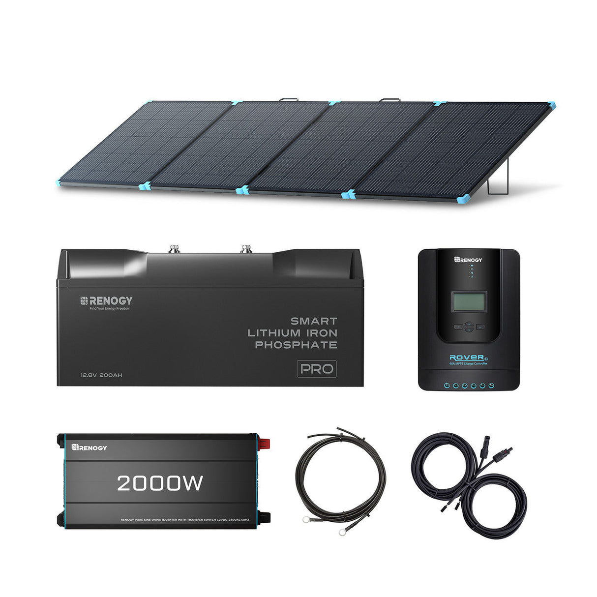 2kWh Énergie de Secours Portable – Panneau Solaire Pliable 400W + Batterie Lithium PRO 12V 200Ah + Onduleur pur sinus 2000W