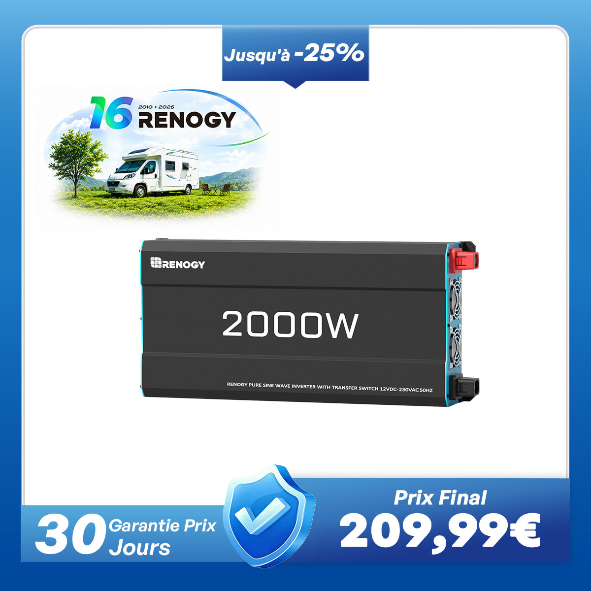 12V 2000W Onduleur Solaire à Onde Sinusoïdale Pure DC-AC pour Camping-car, Van Aménagé et Installation Hors Réseau