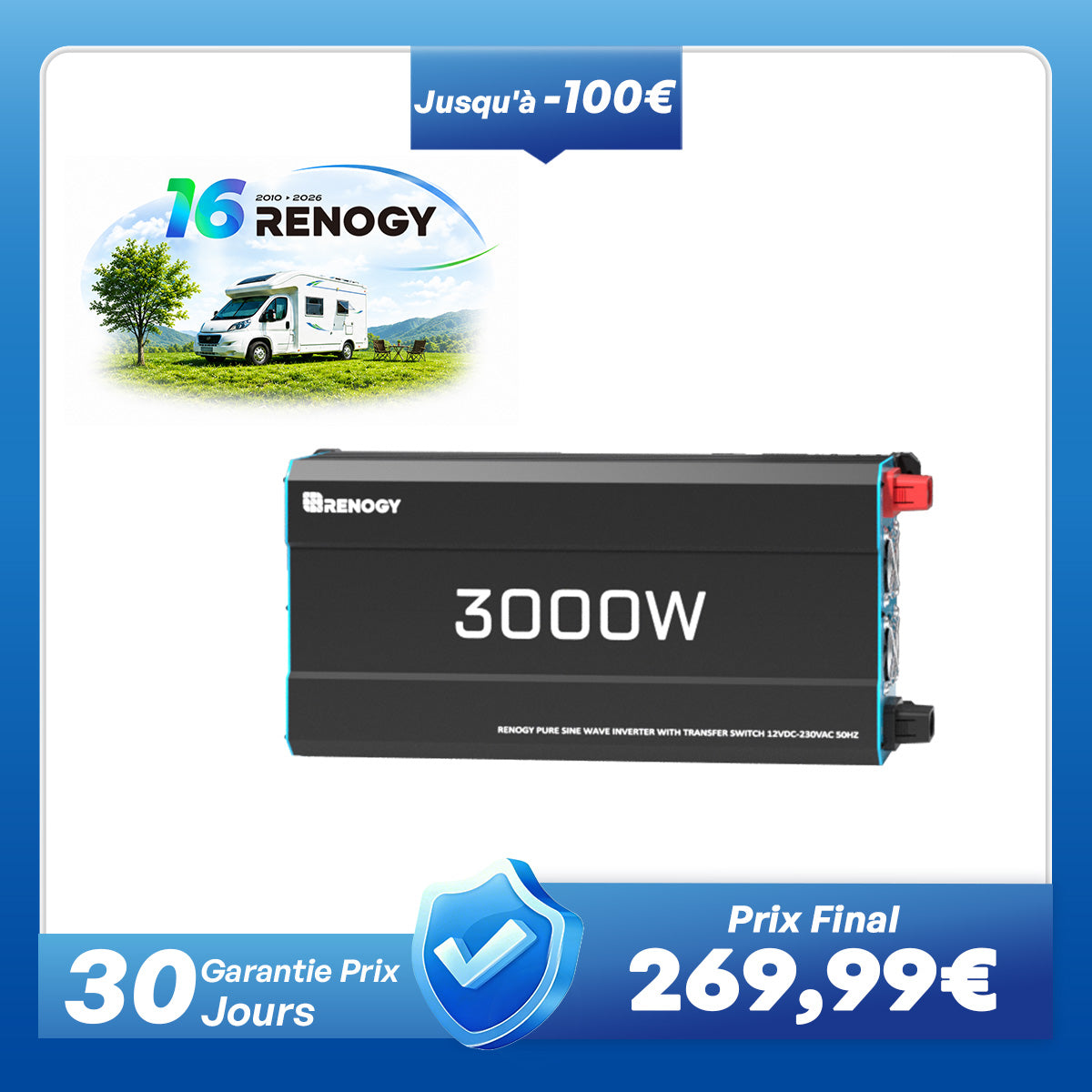 12V 3000W Onduleur Solaire DC-AC à Onde Sinusoïdale Pure pour Camping-Car, Van et Jardin