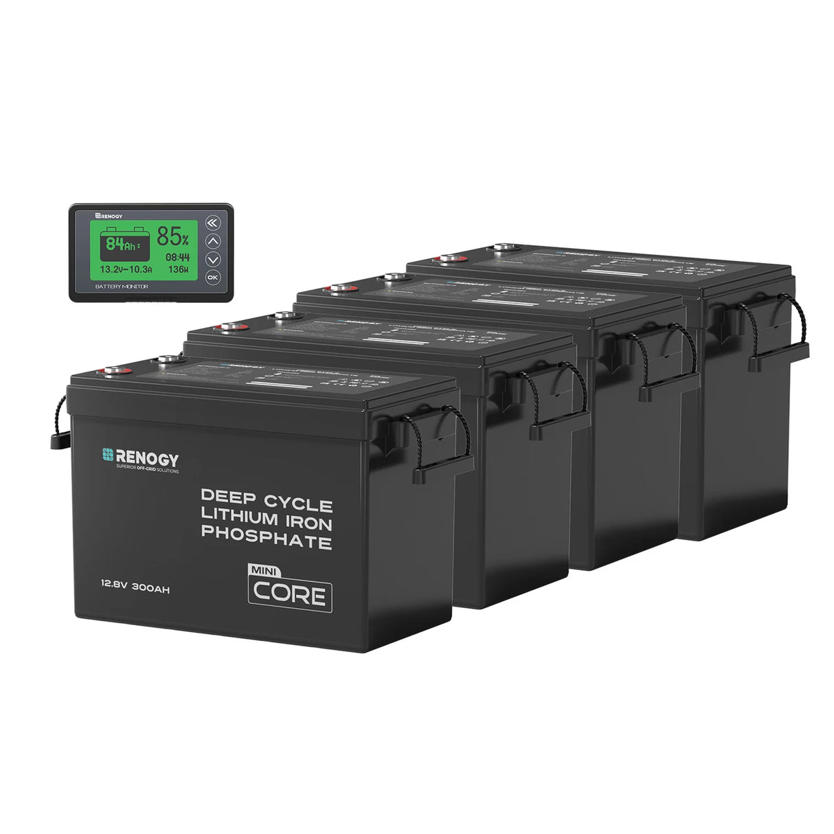 Renogy Core Mini - 12,8V 300 Ah Batterie Lithium LiFePO4 (4 Pièces) avec 500A Moniteur Gratuit