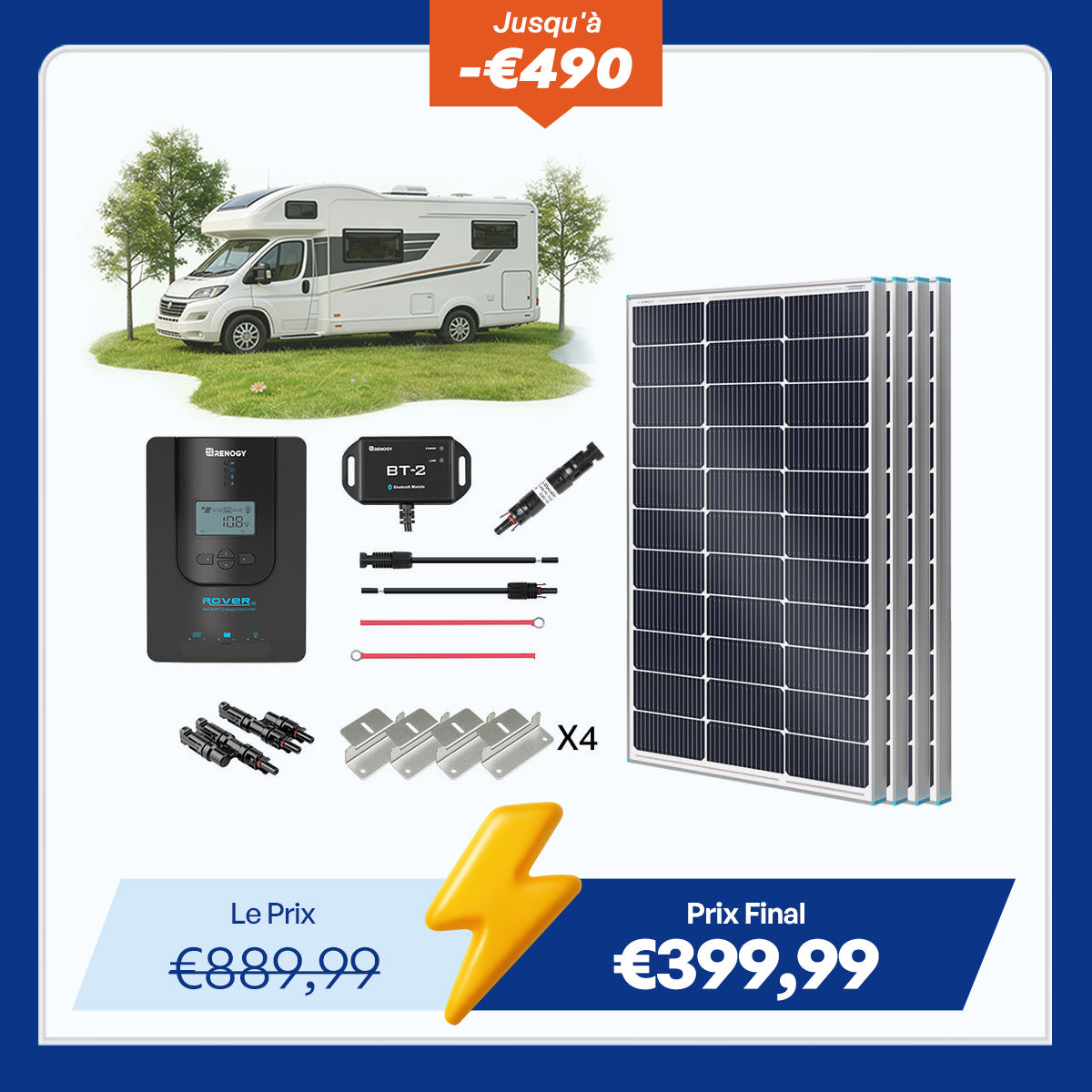 12V 400W Kit Premium Panneau Solaire avec Rover 40A MPPT Chargeur pour Camping-car, Bateau et Off Grid