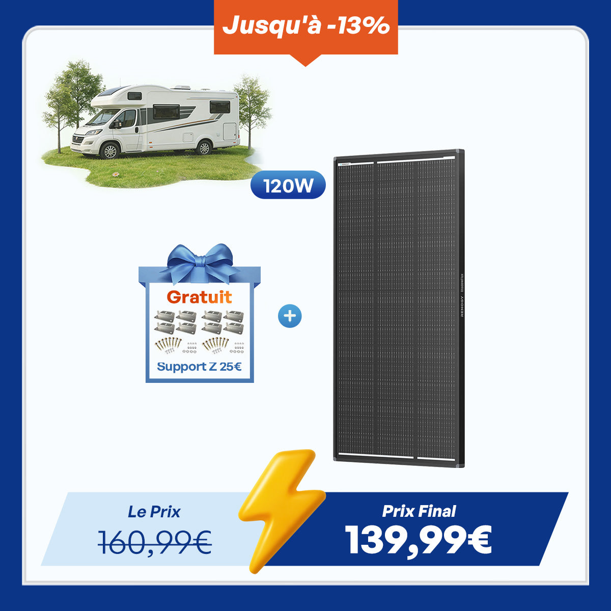 12V 120W ShadowFlux Panneau Solaire Anti-Ombrage Camping-car