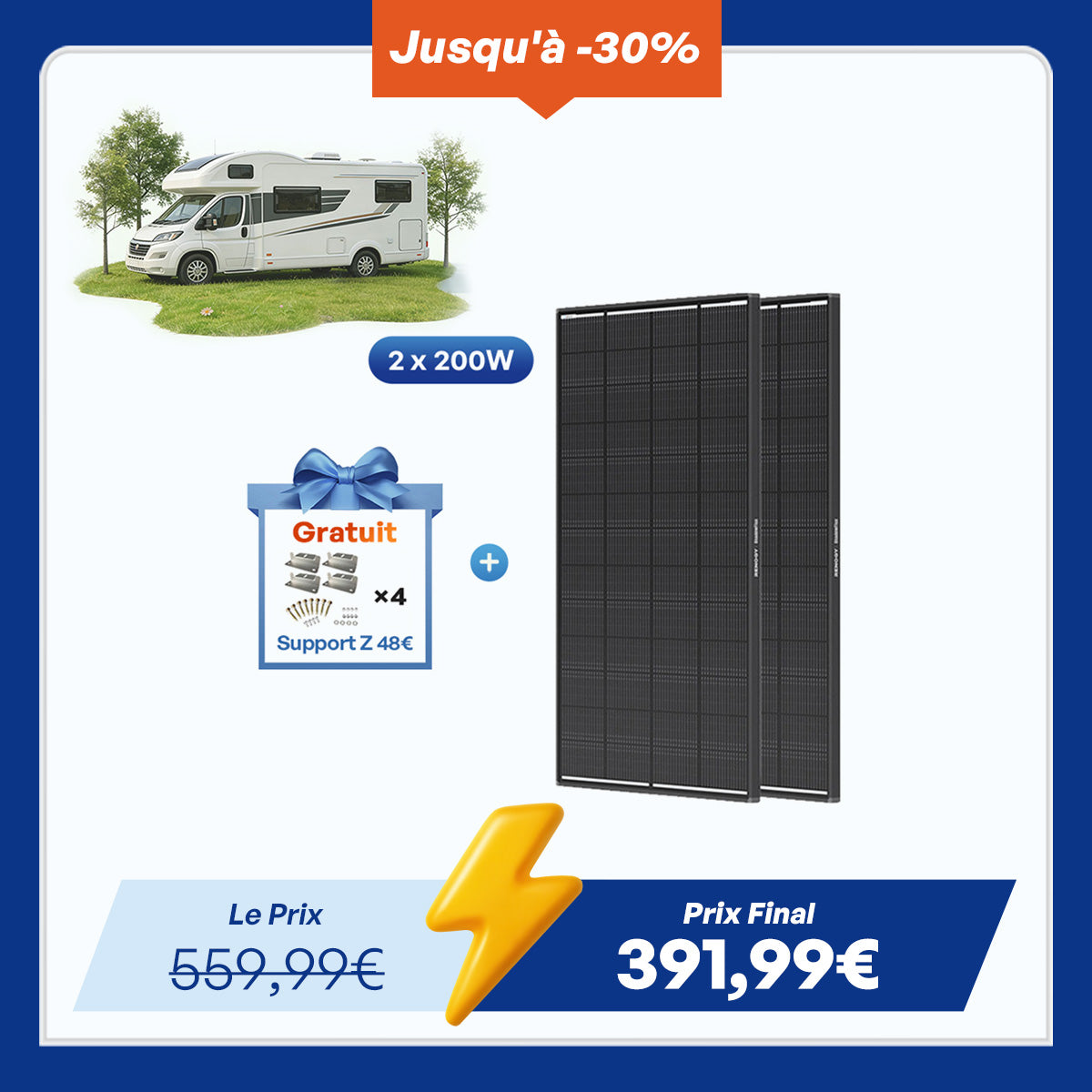 12V 2x200W ShadowFlux Panneau Solaire Anti-Ombrage Camping-car