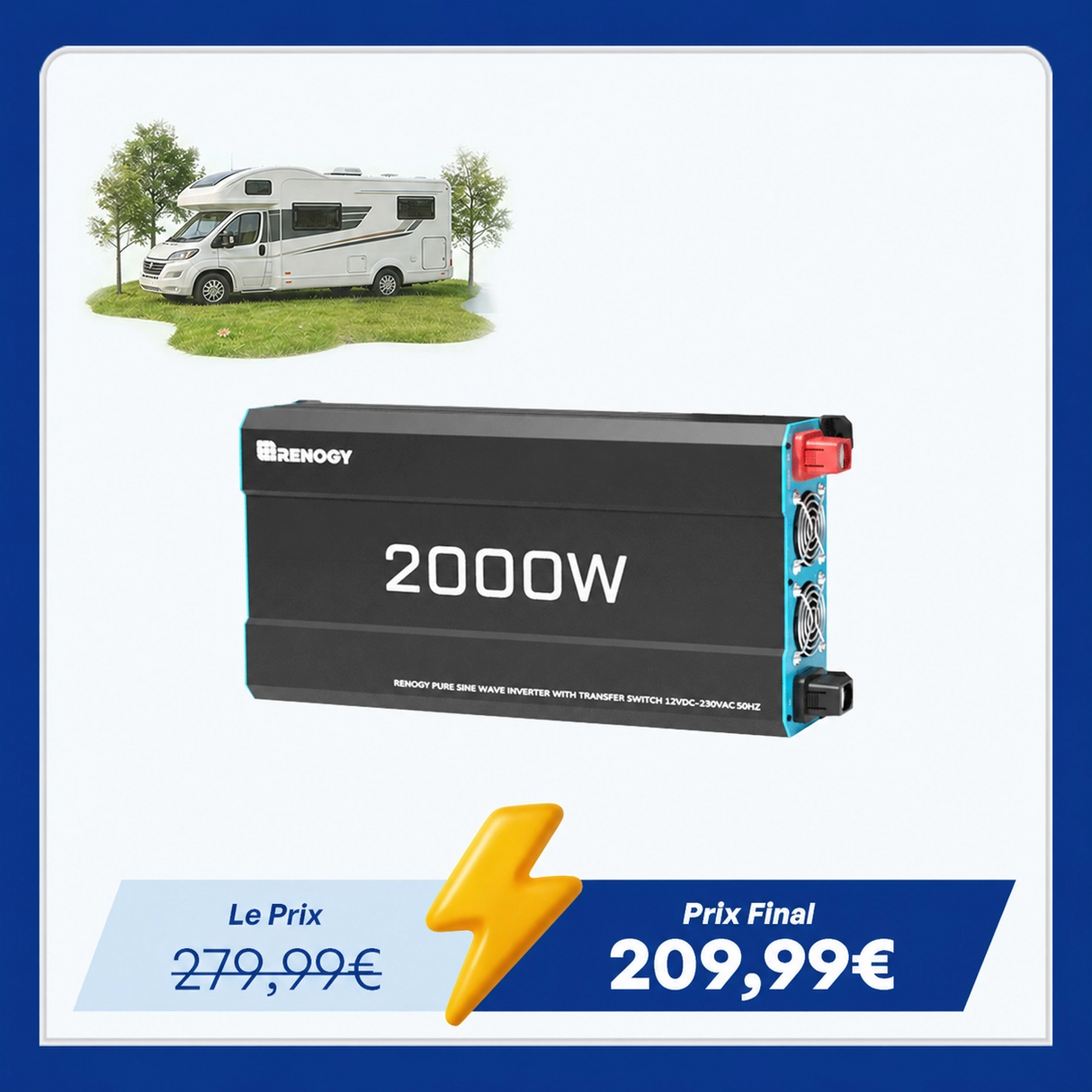 12V 2000W Onduleur Solaire à Onde Sinusoïdale Pure DC-AC pour Camping-car, Van Fourgon et Off-Grid