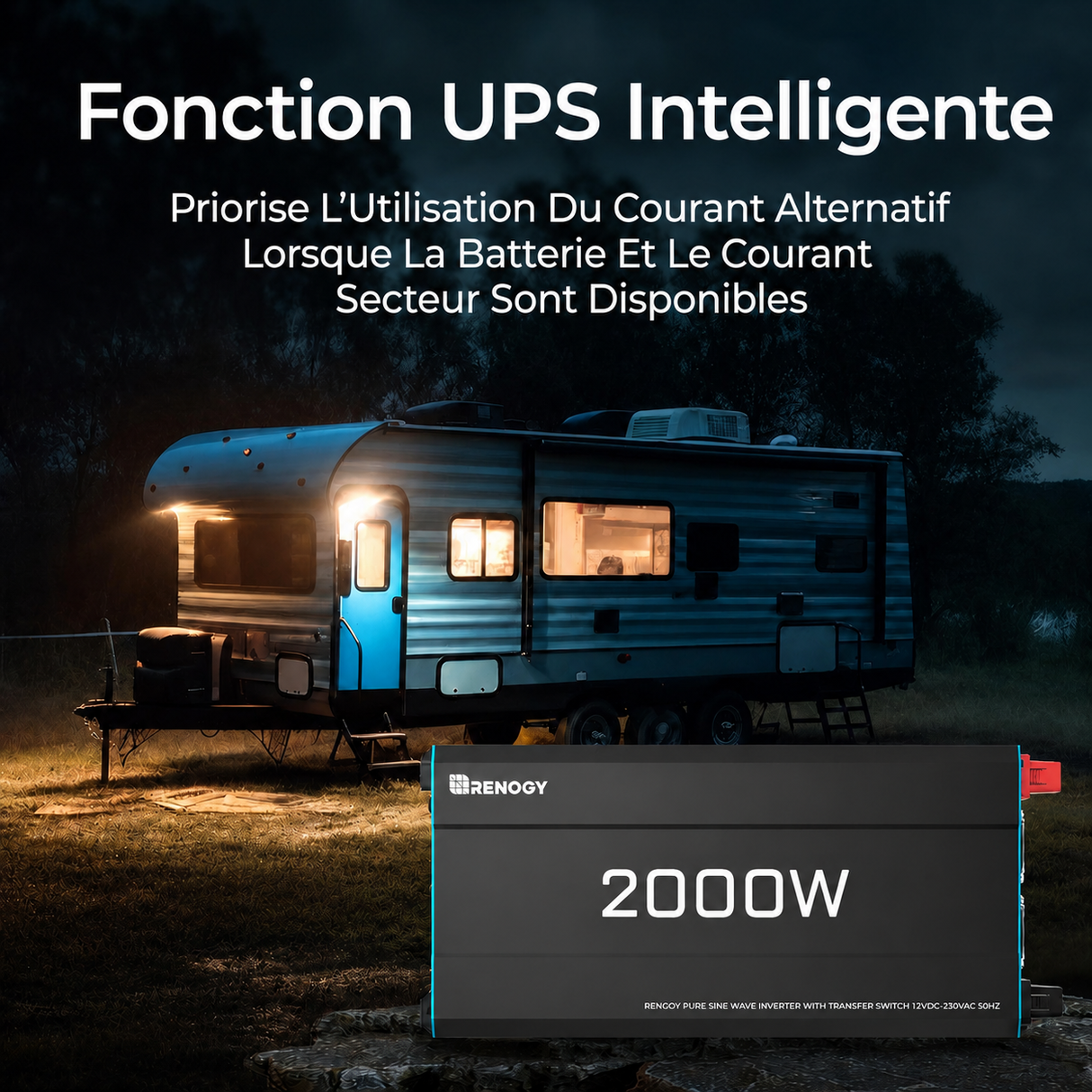 Renogy 12V 2000W Onduleur Solaire à Onde Sinusoïdale Pure DC-AC avec Fonction UPS Intelligente