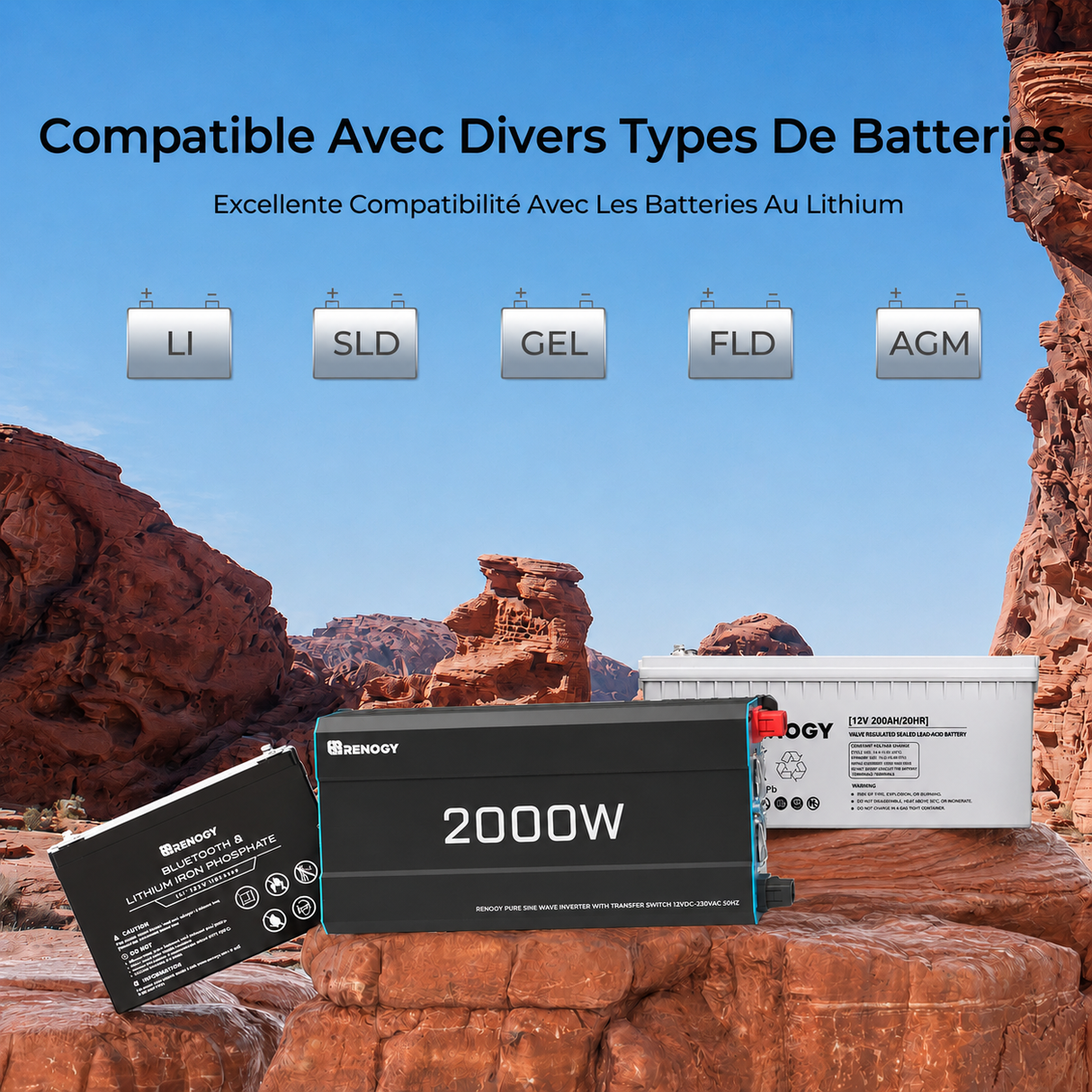 Renogy 12V 2000W Onduleur Solaire à Onde Sinusoïdale Pure DC-AC Compatible Avec Divers Types DeBatter

