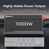 12V 1000W Onduleur Solaire DC-AC à Onde Sinusoïdale Pure, Idéal pour Camping-Car, Van Aménagé et Systèmes Hors Réseau