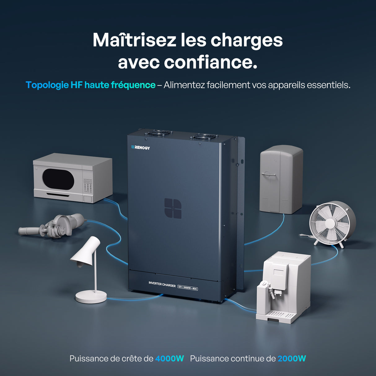 Core - 12V 2000W Onduleur Hybride Onde Sinusoïdale Pure, Haute Fréquence Off-Grid