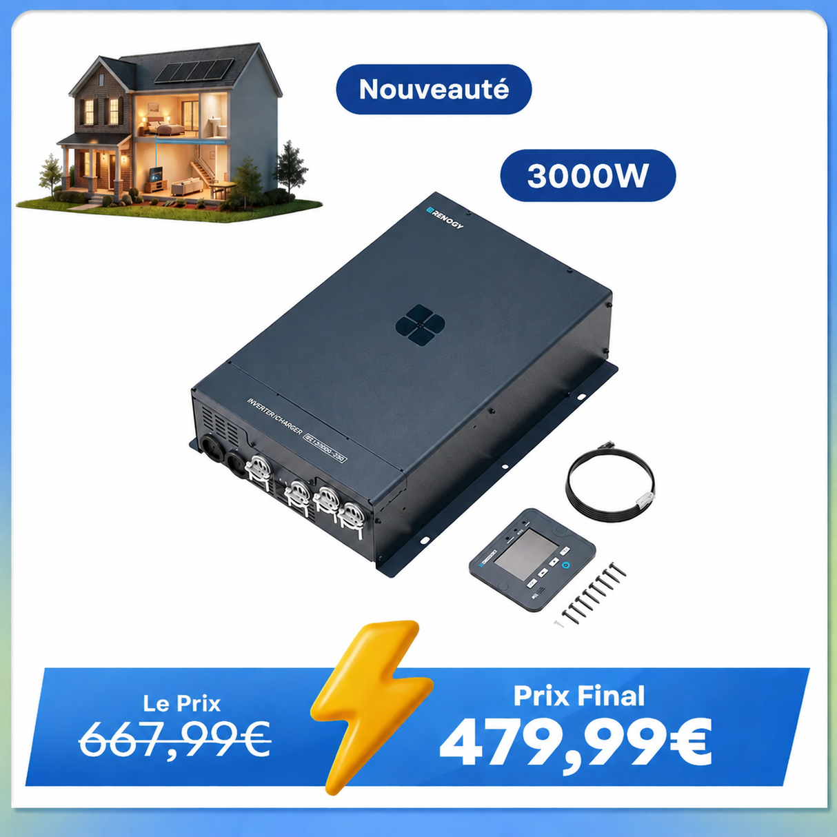 12V 3000W Onduleur Hybride Onde Sinusoïdale Pure UPS, Haute Fréquence Off-Grid