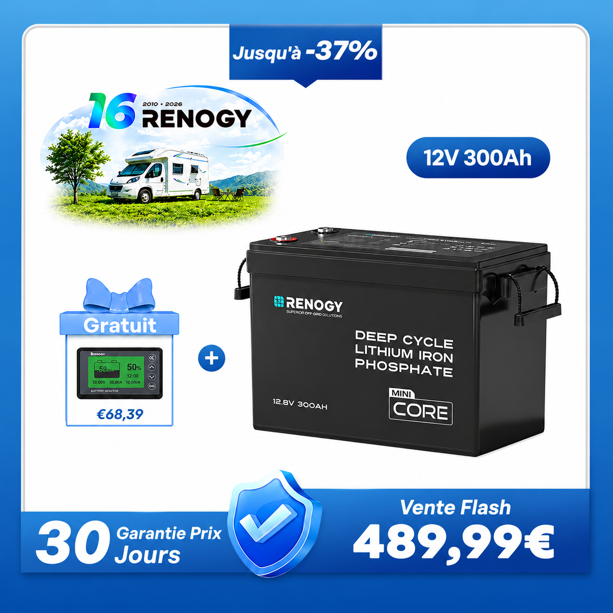 Core Mini - 12,8V 300Ah Batterie Lithium avec BMS, Puissante mais Compacte, Camping-Car, Fourgon et Bateau