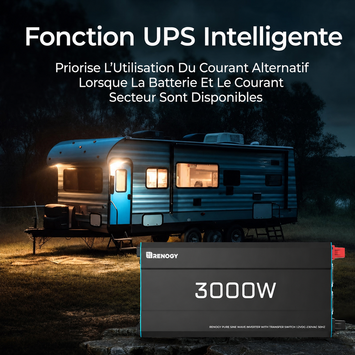 Renogy 12V 3000W Onduleur Solaire DC-AC à Onde Sinusoïdale Pure avec Fonction UPS Intelligente