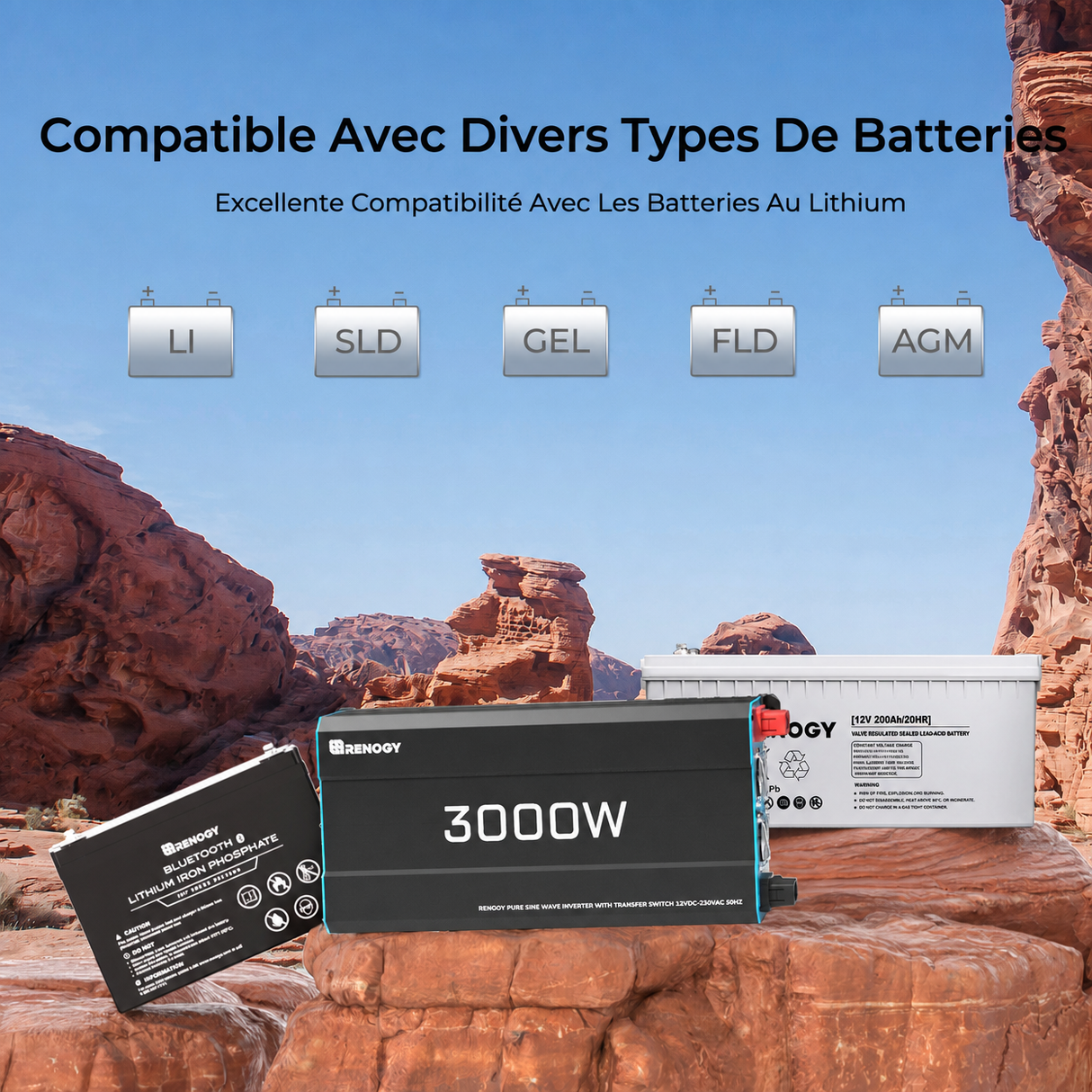 Renogy 12V 3000W Onduleur Solaire DC-AC Compatible Avec Divers Types De Batteries
