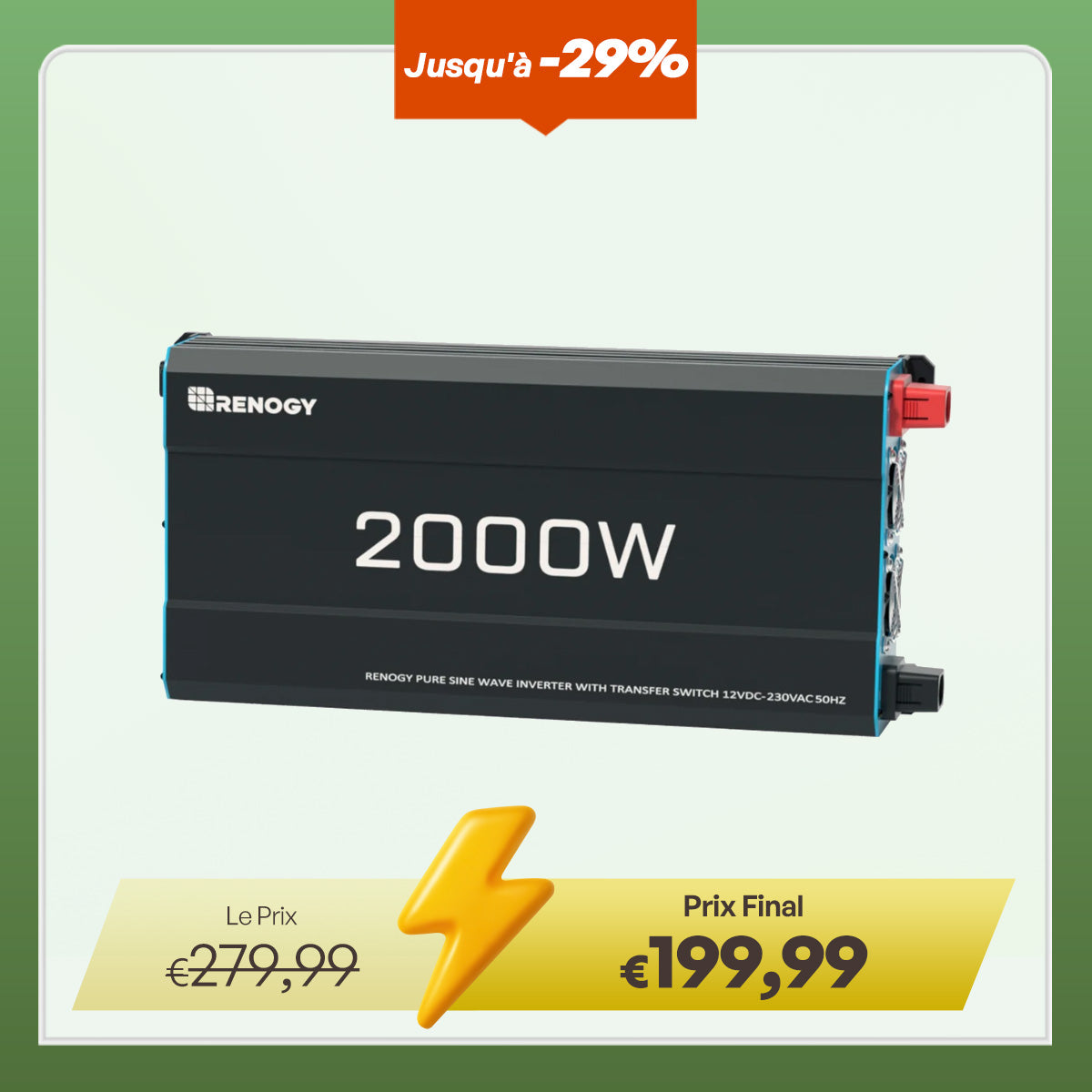 Renogy 12V 2000W Onduleur Solaire à Onde Sinusoïdale Pure DC-AC pour Camping-car, Van Aménagé et Installation Hors Réseau