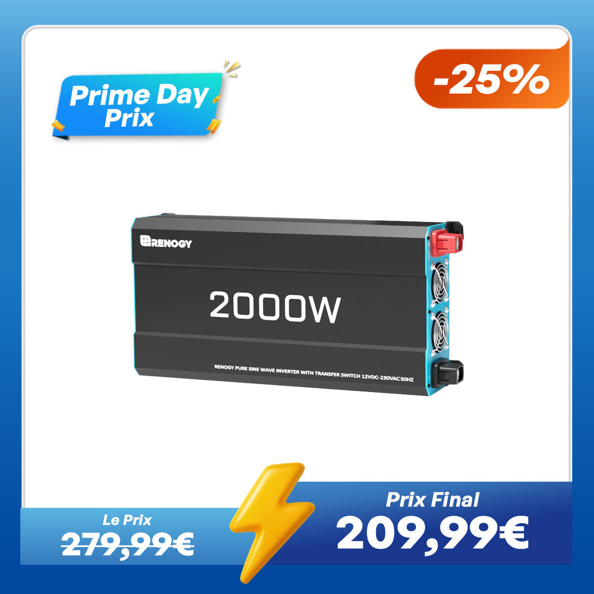 12V 2000W Onduleur Solaire à Onde Sinusoïdale Pure DC-AC pour Camping-car, Van Aménagé et Installation Hors Réseau