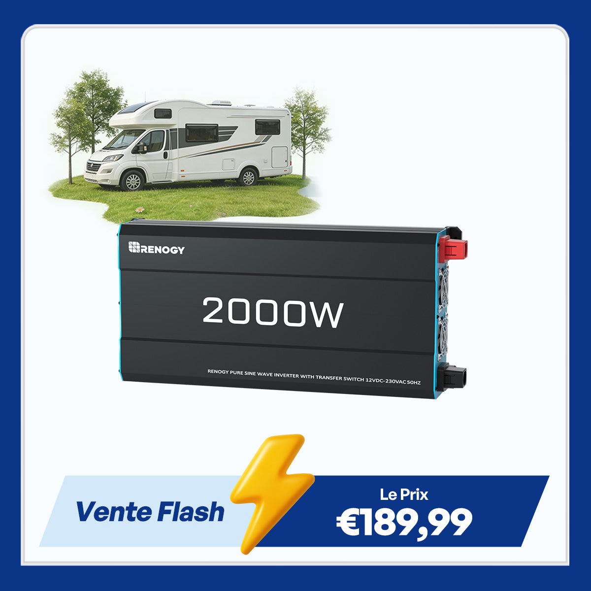 Renogy 12V 2000W Onduleur Solaire à Onde Sinusoïdale Pure DC-AC pour Camping-car, Van Aménagé et Installation Hors Réseau