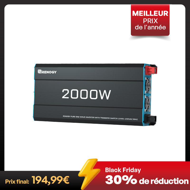 Onduleur solaire 2000W 12V onde sinusoïdale pure DC-AC pour camping-car, van aménagé et installation hors réseau