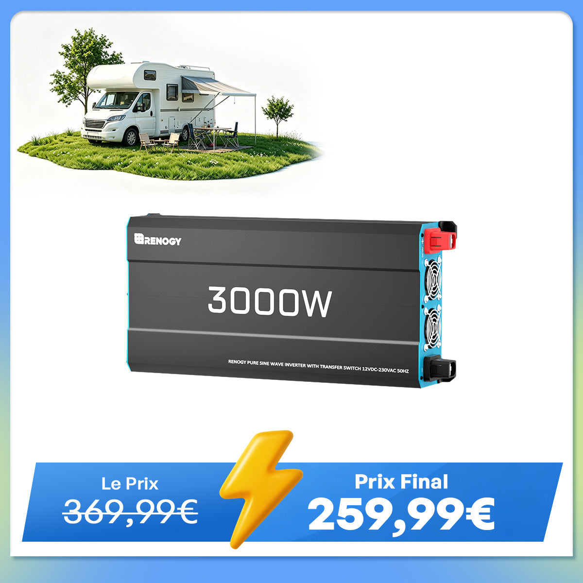 12V 3000W Onduleur Solaire DC-AC à Onde Sinusoïdale Pure pour Camping-Car, Van et Jardin