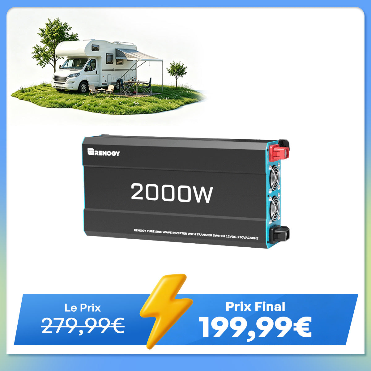 12V 2000W Onduleur Solaire à Onde Sinusoïdale Pure DC-AC pour Camping-car, Van Fourgon et Off-Grid