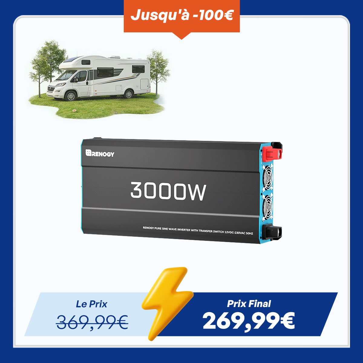 12V 3000W Onduleur Solaire DC-AC à Onde Sinusoïdale Pure pour Camping-Car, Van et Jardin