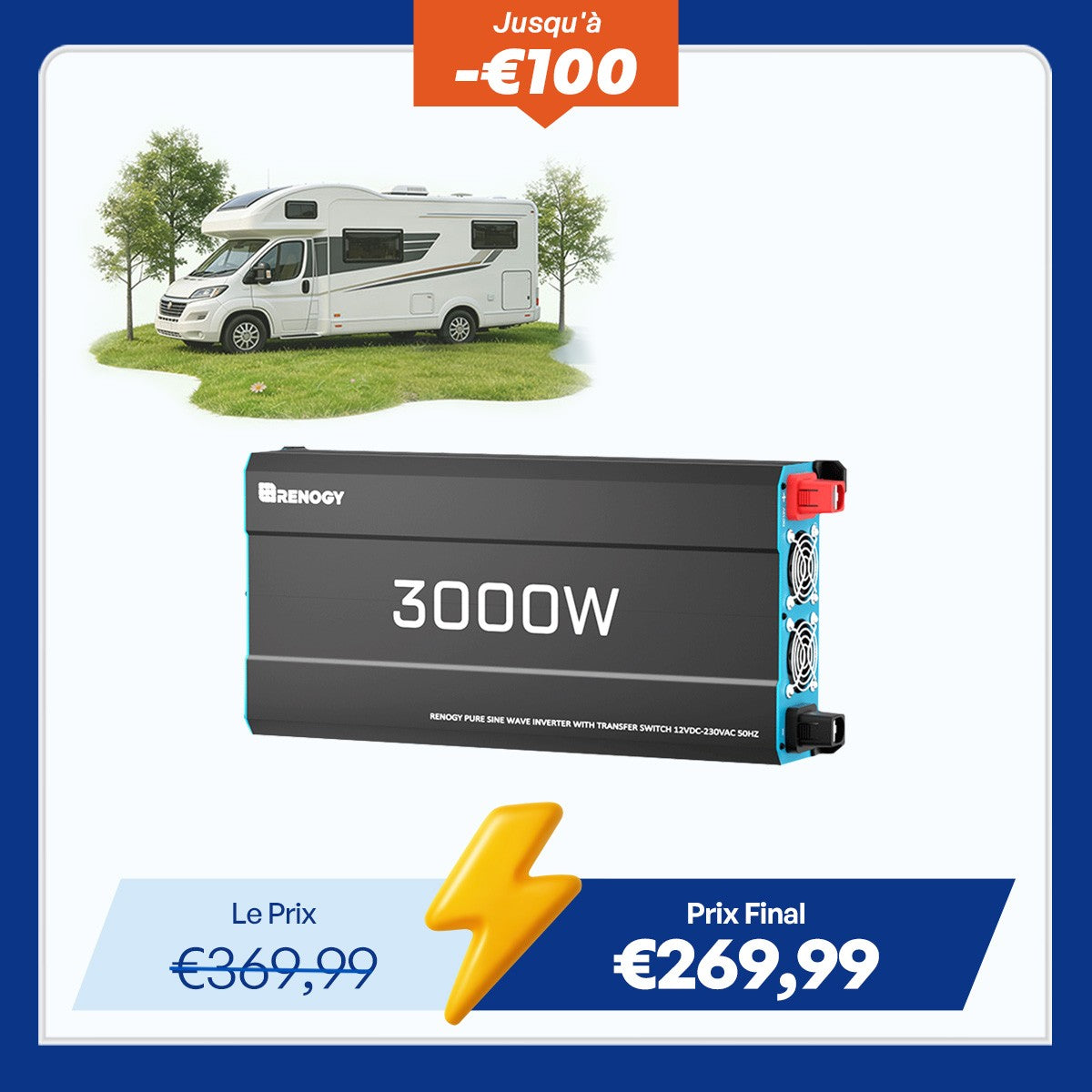 12V 3000W Onduleur Solaire DC-AC à Onde Sinusoïdale Pure pour Camping-Car, Van et Bateau