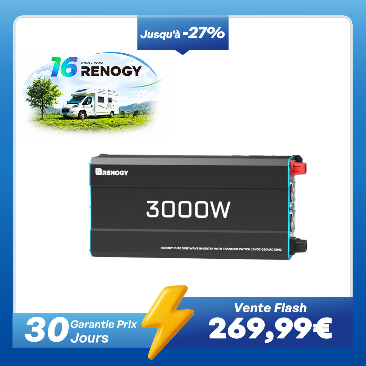 12V 3000W Onduleur Solaire DC-AC à Onde Sinusoïdale Pure pour Camping-Car, Van et Jardin