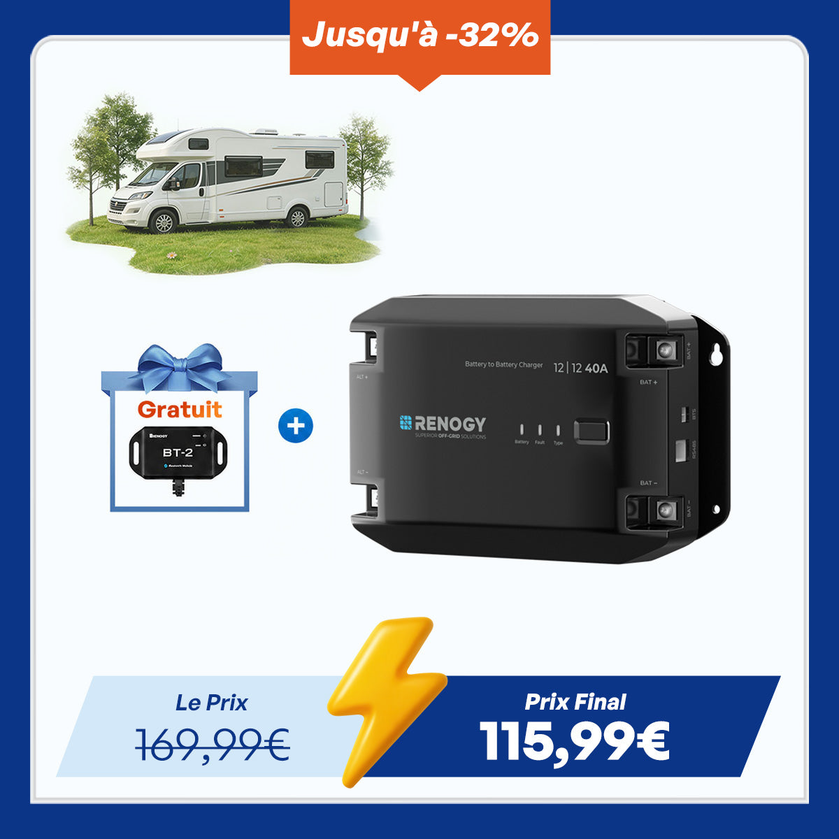 Renogy 12V 40A Chargeur de Batterie DC-DC AVEC BLUETOOTH
