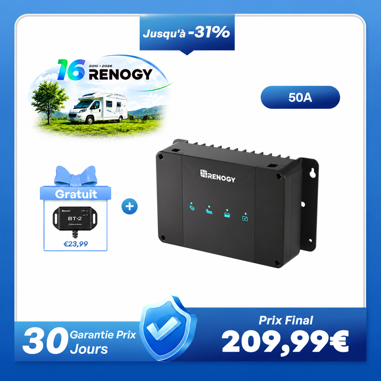 12V 50A Chargeur de Batterie DC-DC avec MPPT pour Batteries LiFePO4, Plomb-Acide, SLA, Gel, AGM