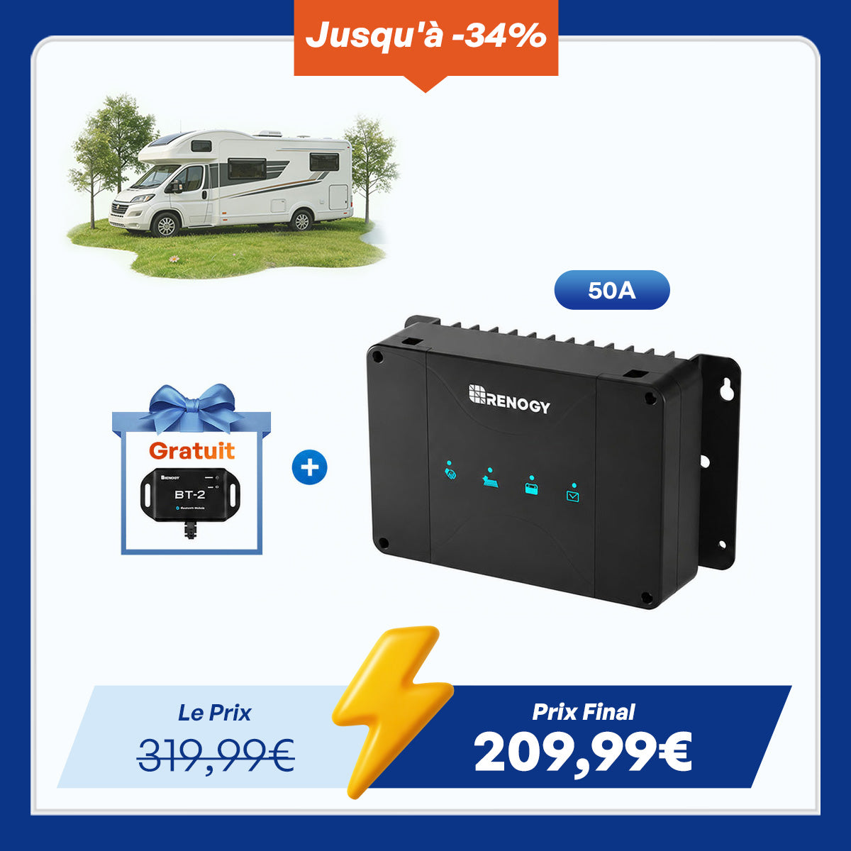 12V 50A Chargeur de Batterie DC-DC avec MPPT pour Batteries LiFePO4, Plomb-Acide, SLA, Gel, AGM