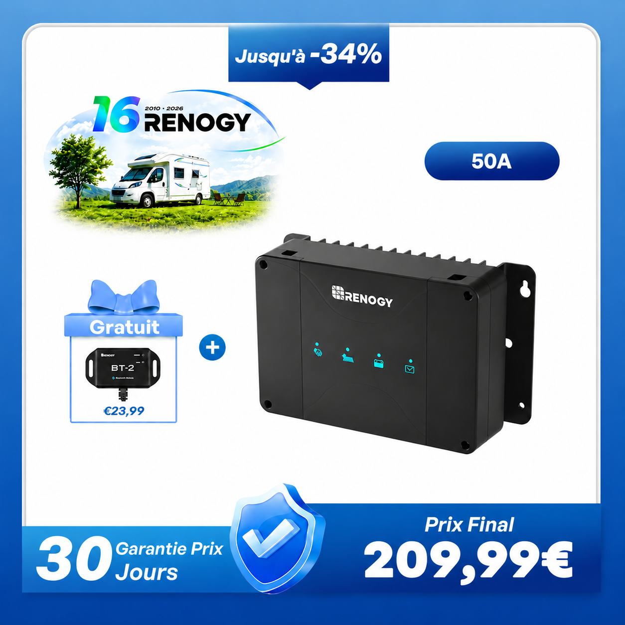12V 50A Chargeur de Batterie DC-DC avec MPPT pour Batteries LiFePO4, Plomb-Acide, SLA, Gel, AGM