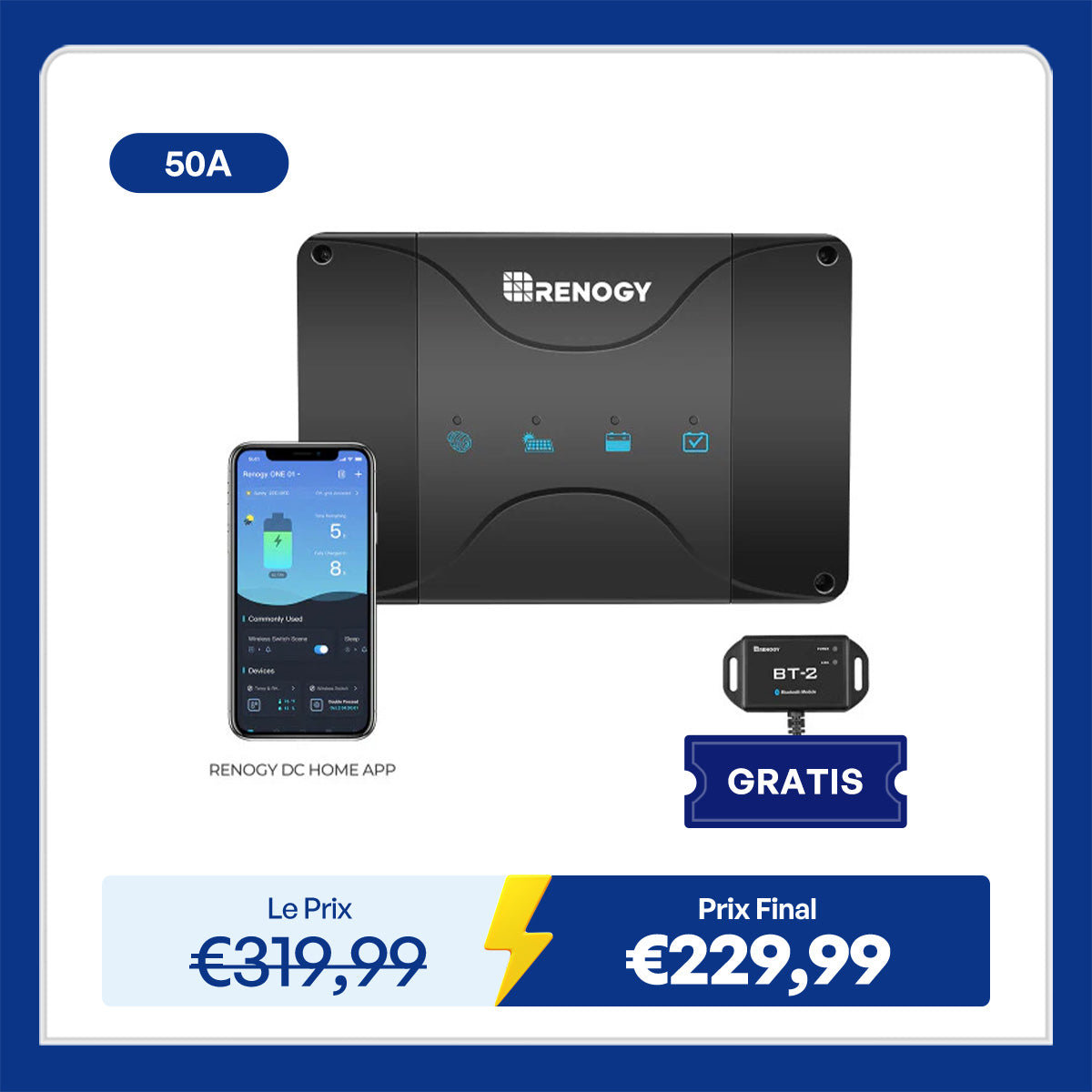 Renogy Chargeur de Batterie 12V 50A DC-DC avec MPPT pour Batteries LiFePO4, Plomb-Acide, SLA, Gel, AGM