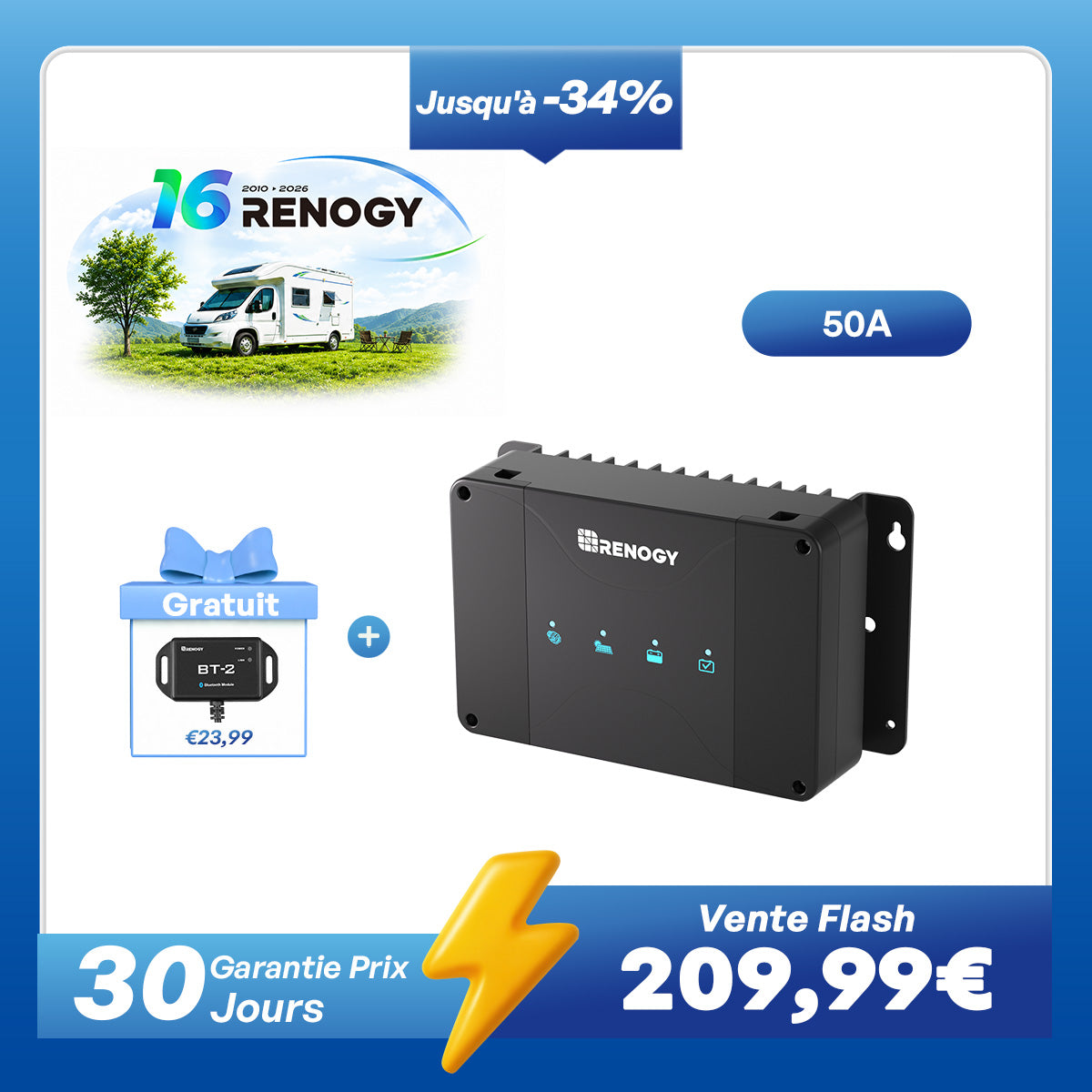 12V 50A Chargeur de Batterie DC-DC avec MPPT pour Batteries LiFePO4, Plomb-Acide, SLA, Gel, AGM