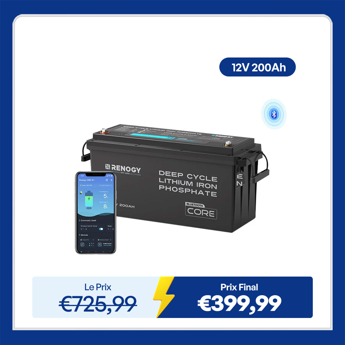 Core – 12V 200Ah Batterie Lithium avec Bluetooth