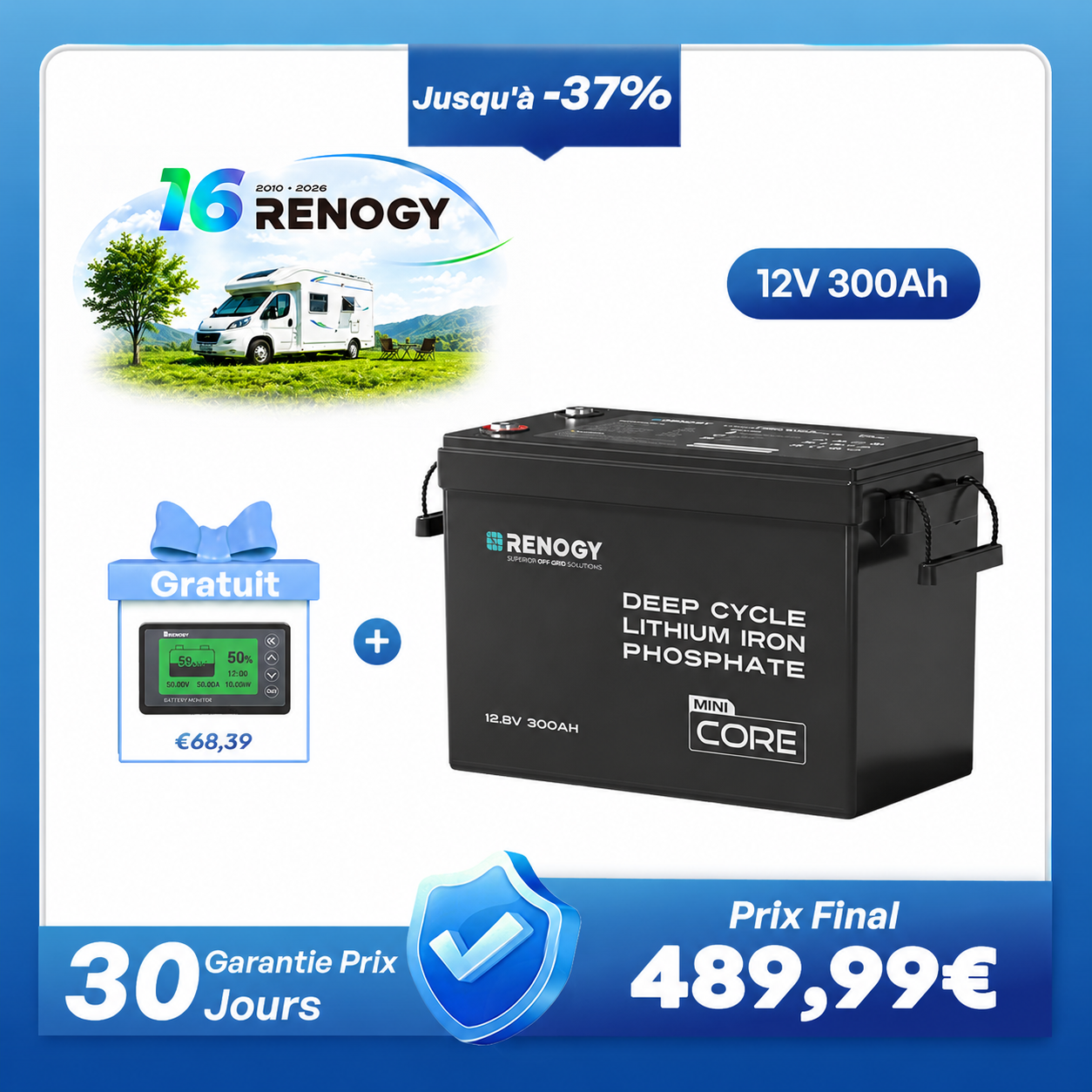 Core Mini - 12,8V 300Ah Batterie Lithium avec BMS, Puissante mais Compacte, Camping-Car, Fourgon et Bateau