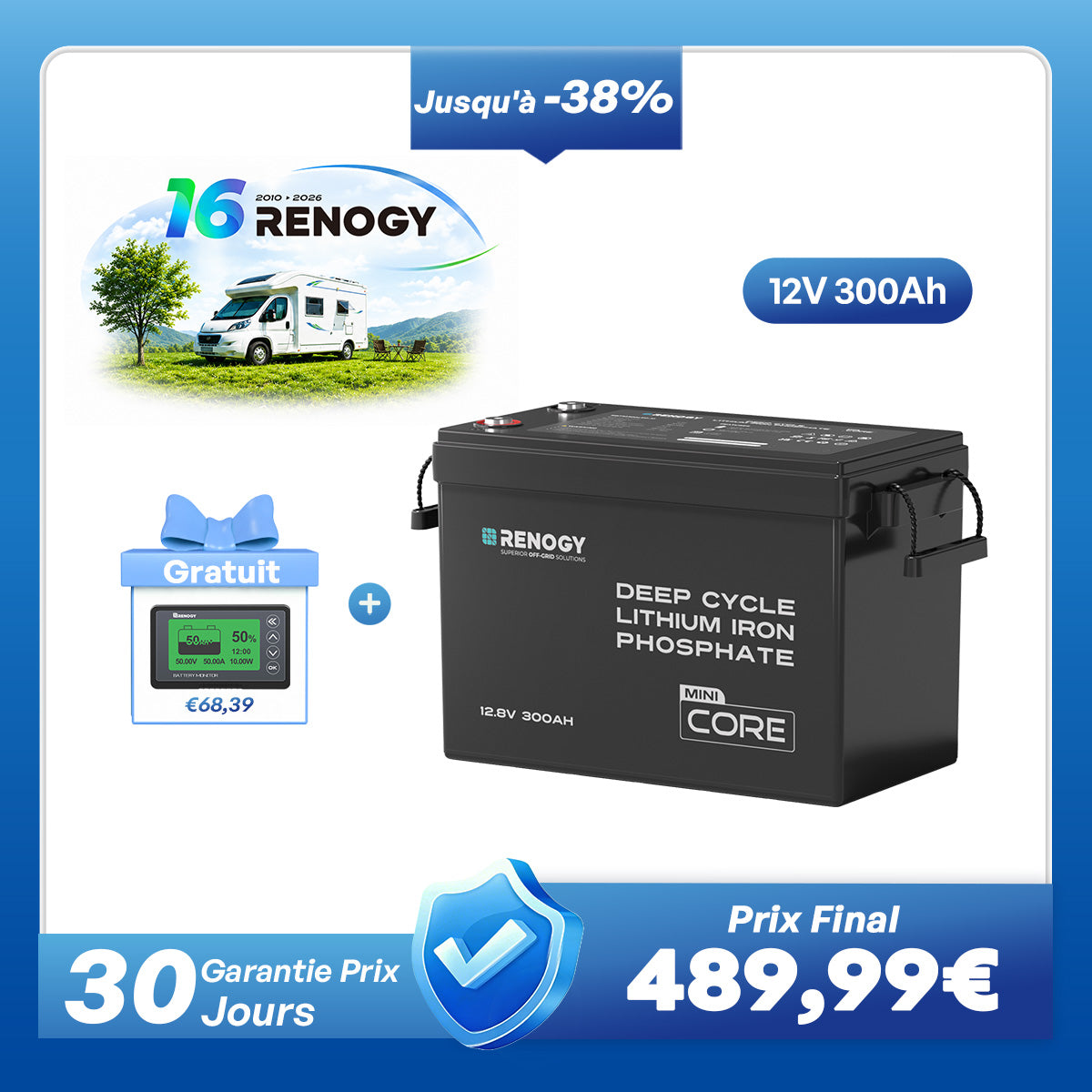 Core Mini - 12,8V 300Ah Batterie Lithium avec BMS, Puissante mais Compacte, Camping-Car, Fourgon et Bateau