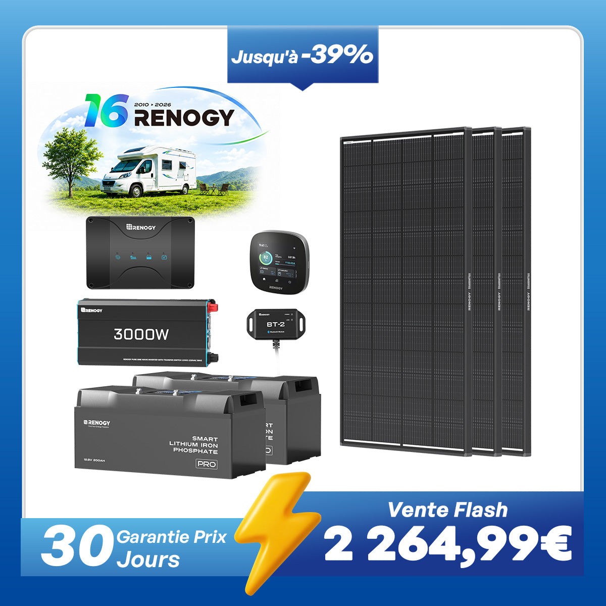 5,12Kwh Kits Système | 12,8V 2×200Ah Pro Batterie Lithium Smart, 3x200W Panneau Solaire
