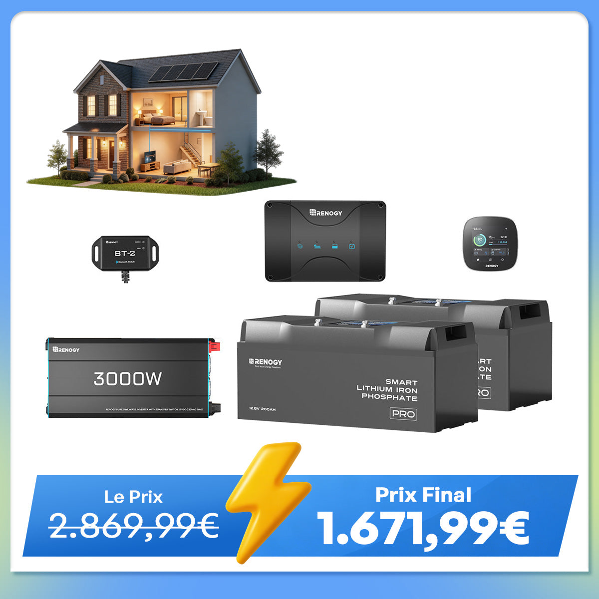 5,12Kwh Kits Système | 12,8V 2×200Ah Pro Batterie Lithium Smart, 3x200W Panneau Solaire