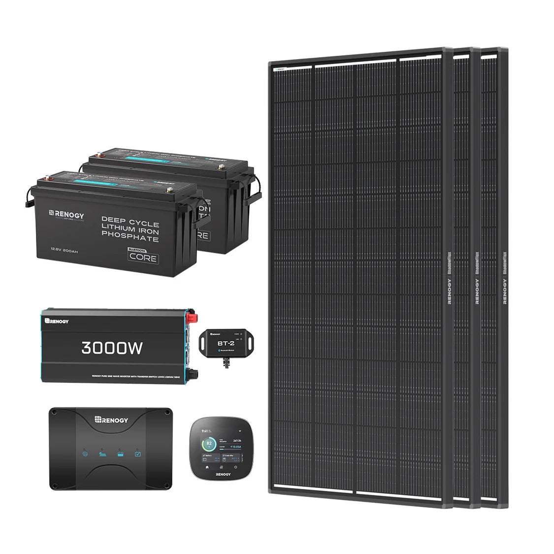 5,12Kwh Kits Système | 12,8V 2×200Ah Pro Batterie Lithium Smart, 3x200W Panneau Solaire