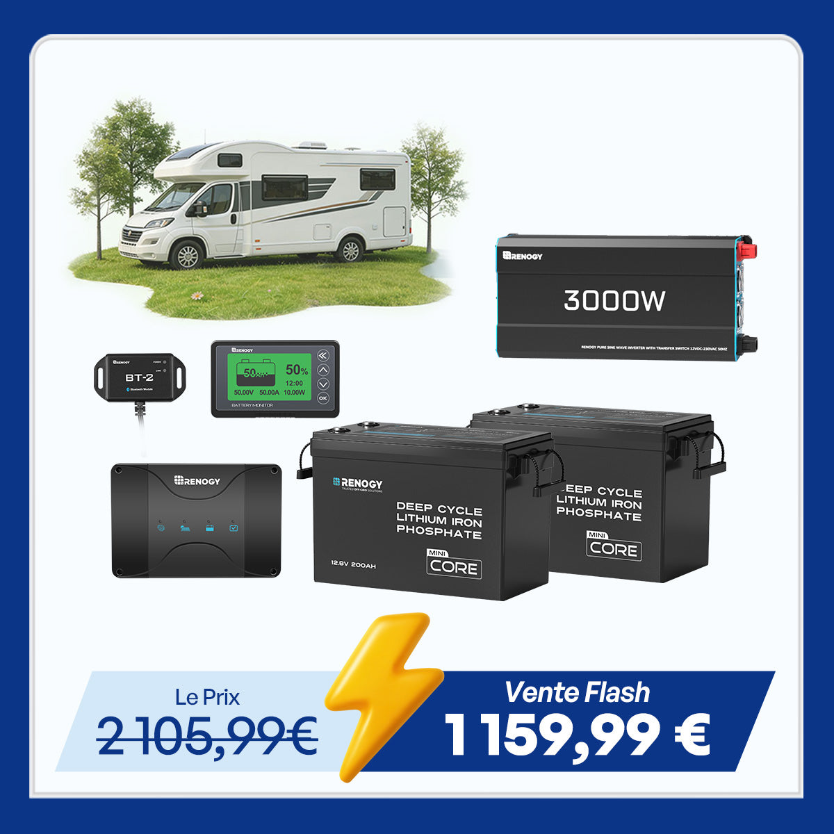 5,12 kWh Kit d'Énergie Solution | Batteries Lithium 2* 200Ah, Camping-Car & Maison