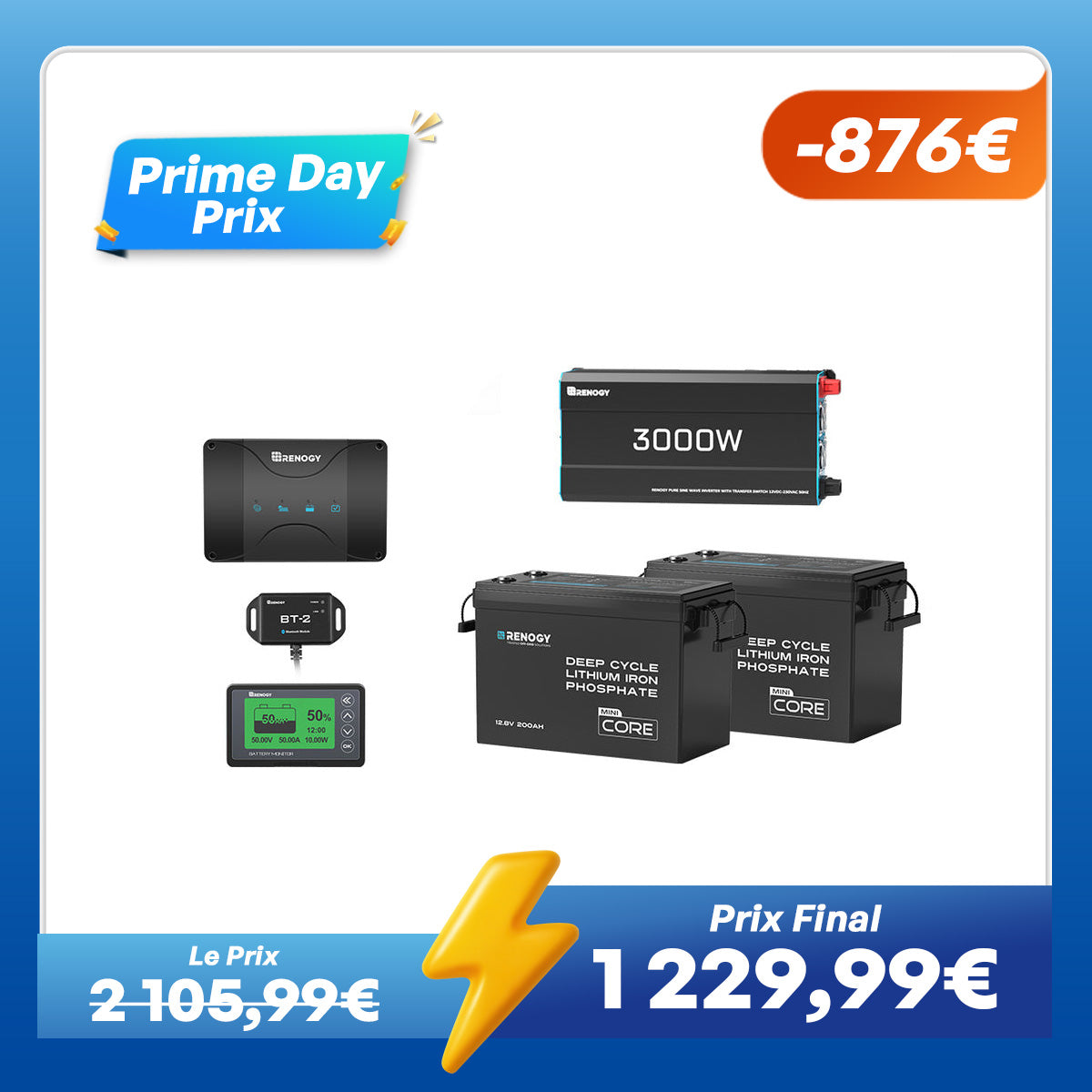 5,12 kWh Kit d'Énergie Solution | Batteries Lithium 400 Ah(2* 200Ah), Onduleur Solaire 3000 W, Caravane & Maison