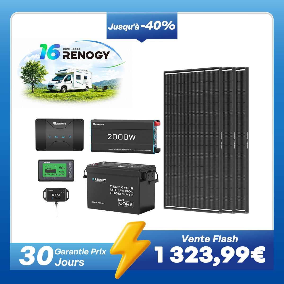 3,84 kWh Kit Énergie Camping-Car | Panneau Solaire 600W & 300Ah Batterie Lithium