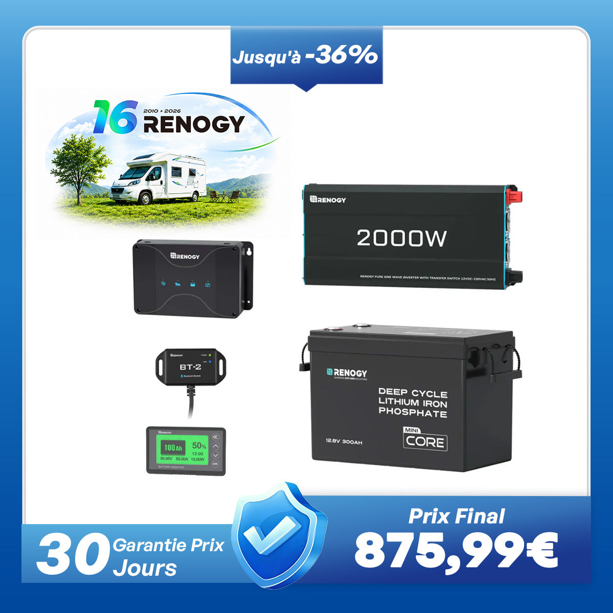 3,84 kWh Kit Énergie Camping-Car | Panneau Solaire 600W & 300Ah Batterie Lithium