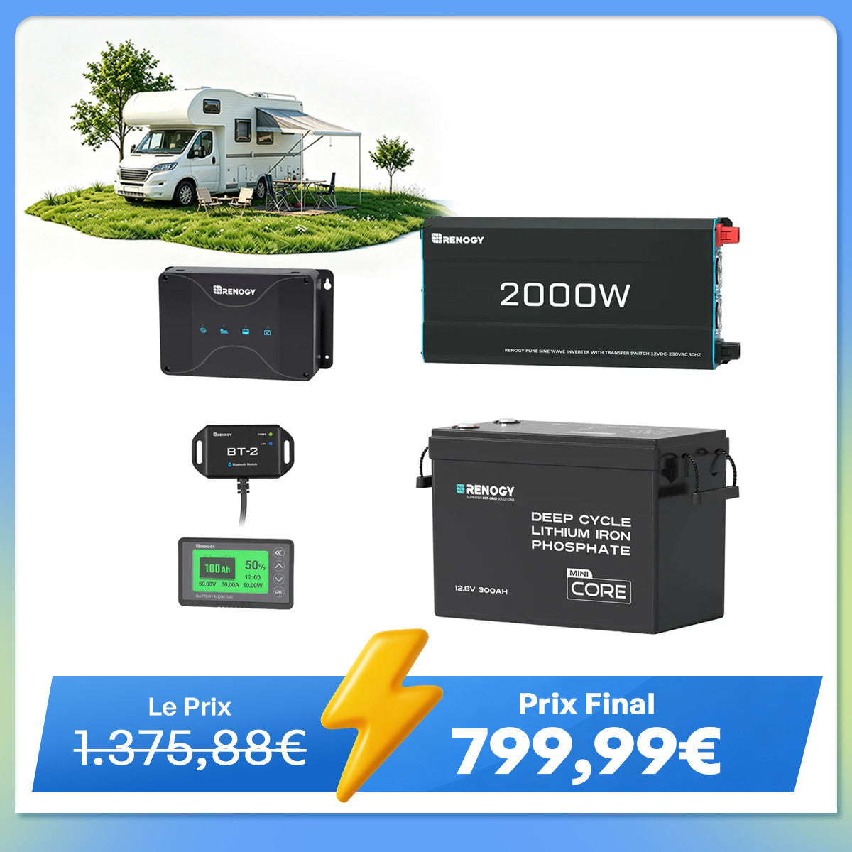 3,84 kWh Kit Énergie Camping-Car & Jardin | Panneau Solaire 3x200W & 300Ah Batterie Lithium
