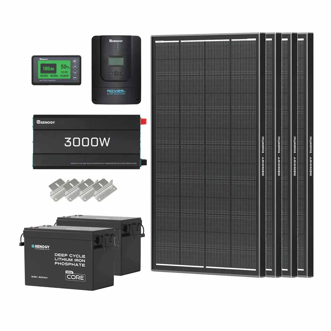 7,68 kWh Kit de Système Solaire Complet – 2* Batteries Lithium 300 Ah, Onduleur Solaire 3000 W
