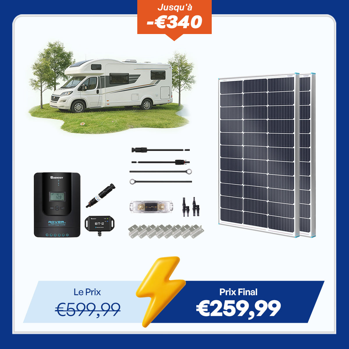 12V/24V 200W Kit Solaire Premium Monocristallin avec Contrôleur de Charge Rover 40 A