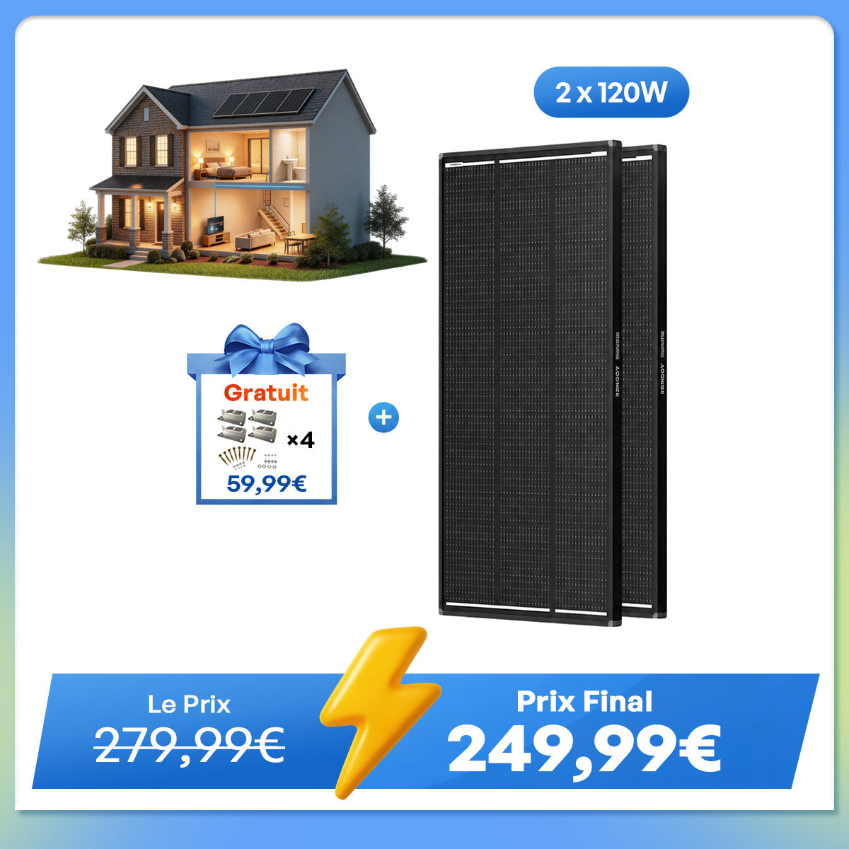 12V 200W ShadowFlux Panneau Solaire Anti-Ombrage pour Camping-Car et Système Hors Réseau