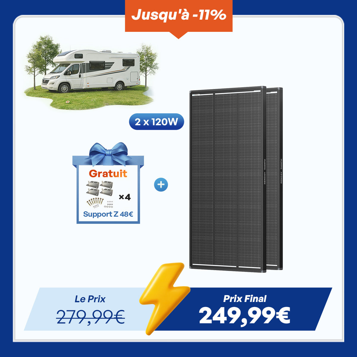 12V 2x120W ShadowFlux Panneau Solaire Anti-Ombrage Camping-car
