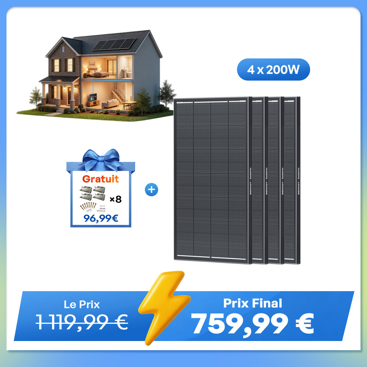 12V 200W ShadowFlux Panneau Solaire Anti-Ombrage pour Camping-Car et Système Hors Réseau