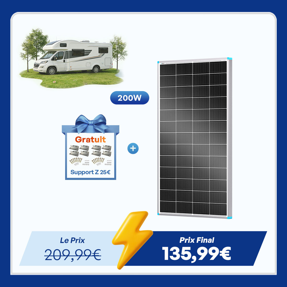 12V/24V 200W N-Type 16BB Panneau Solaire pour Camping-Car et Installation Hors Réseau